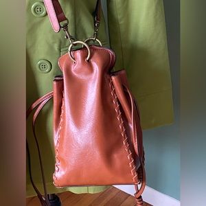 Womens Boho brown leather rare sawn details string crossbody bag purse